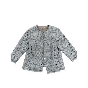 Talbots Lace Jacket Gray Metallic Button Front Women 10 Mother of Pearl Party